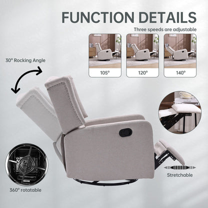 Poltrona reclinabile manuale girevole a 360° in lino beige con schienale imbottito con bottoni e poggiapiedi per soggiorno e camera da letto