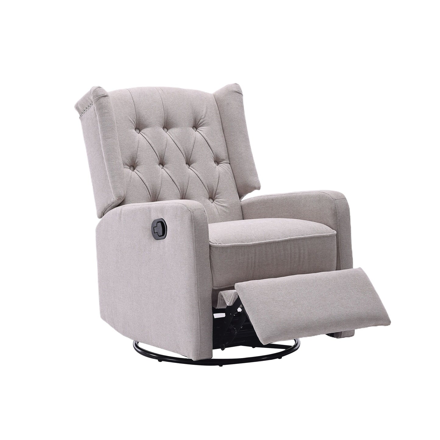 Poltrona reclinabile manuale girevole a 360° in lino beige con schienale imbottito con bottoni e poggiapiedi per soggiorno e camera da letto