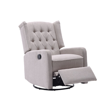 Poltrona reclinabile manuale girevole a 360° in lino beige con schienale imbottito con bottoni e poggiapiedi per soggiorno e camera da letto
