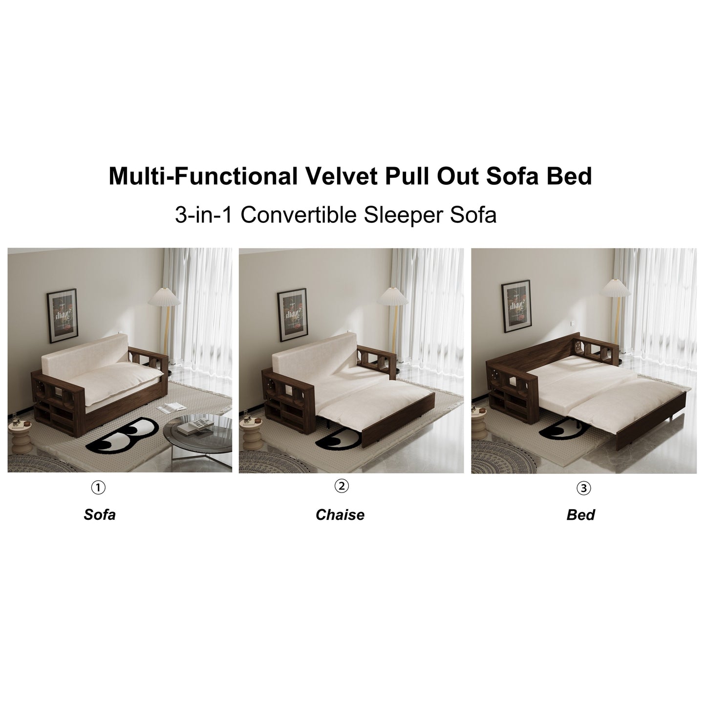 Divano letto trasformabile beige con contenitore
