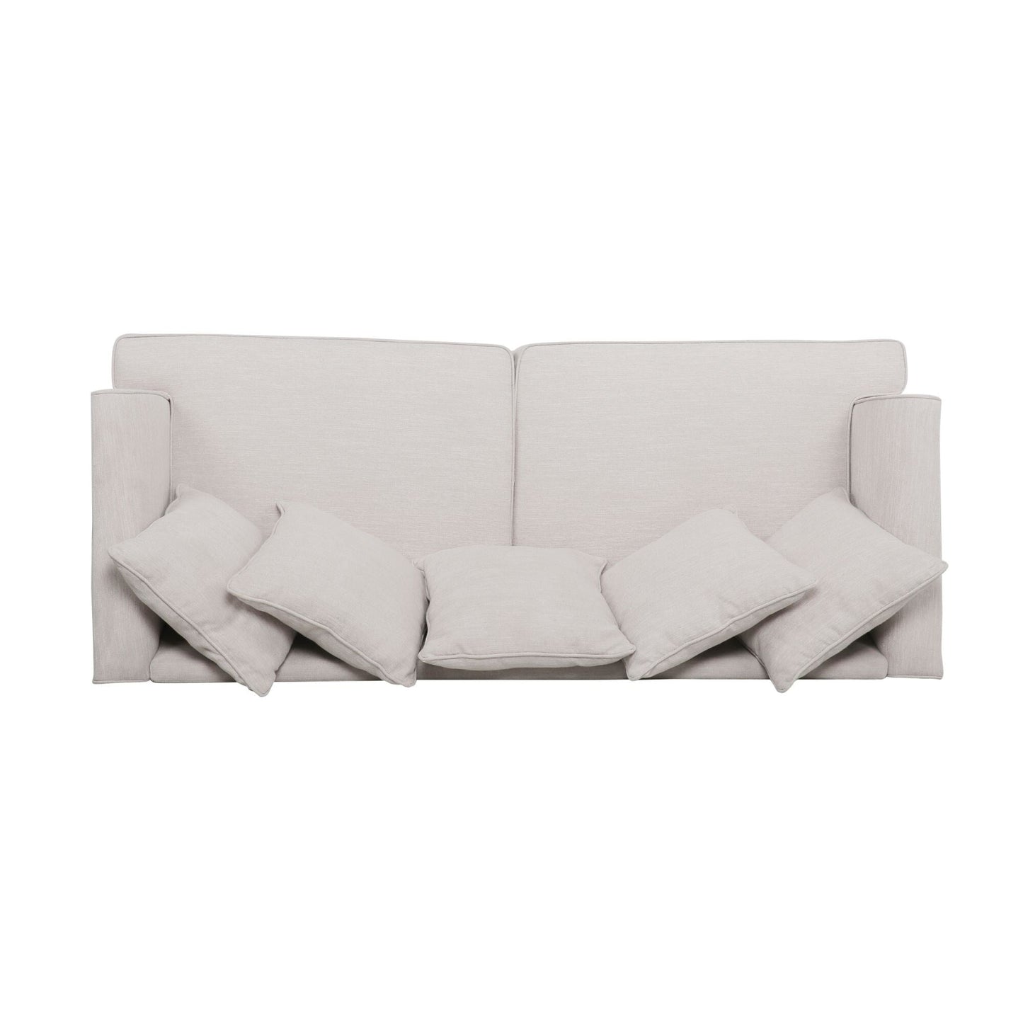 Divano a due posti beige imbottito con cuscini e gambe in legno