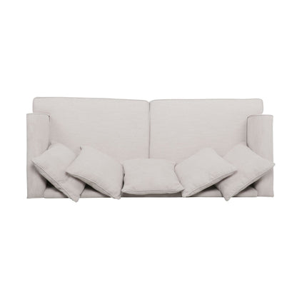Divano a due posti beige imbottito con cuscini e gambe in legno