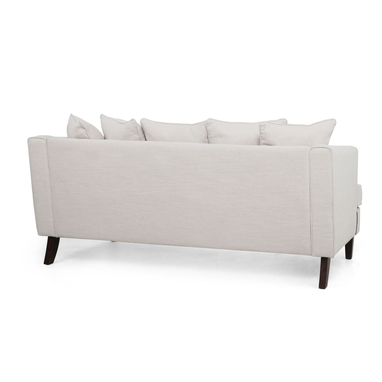Divano a due posti beige imbottito con cuscini e gambe in legno