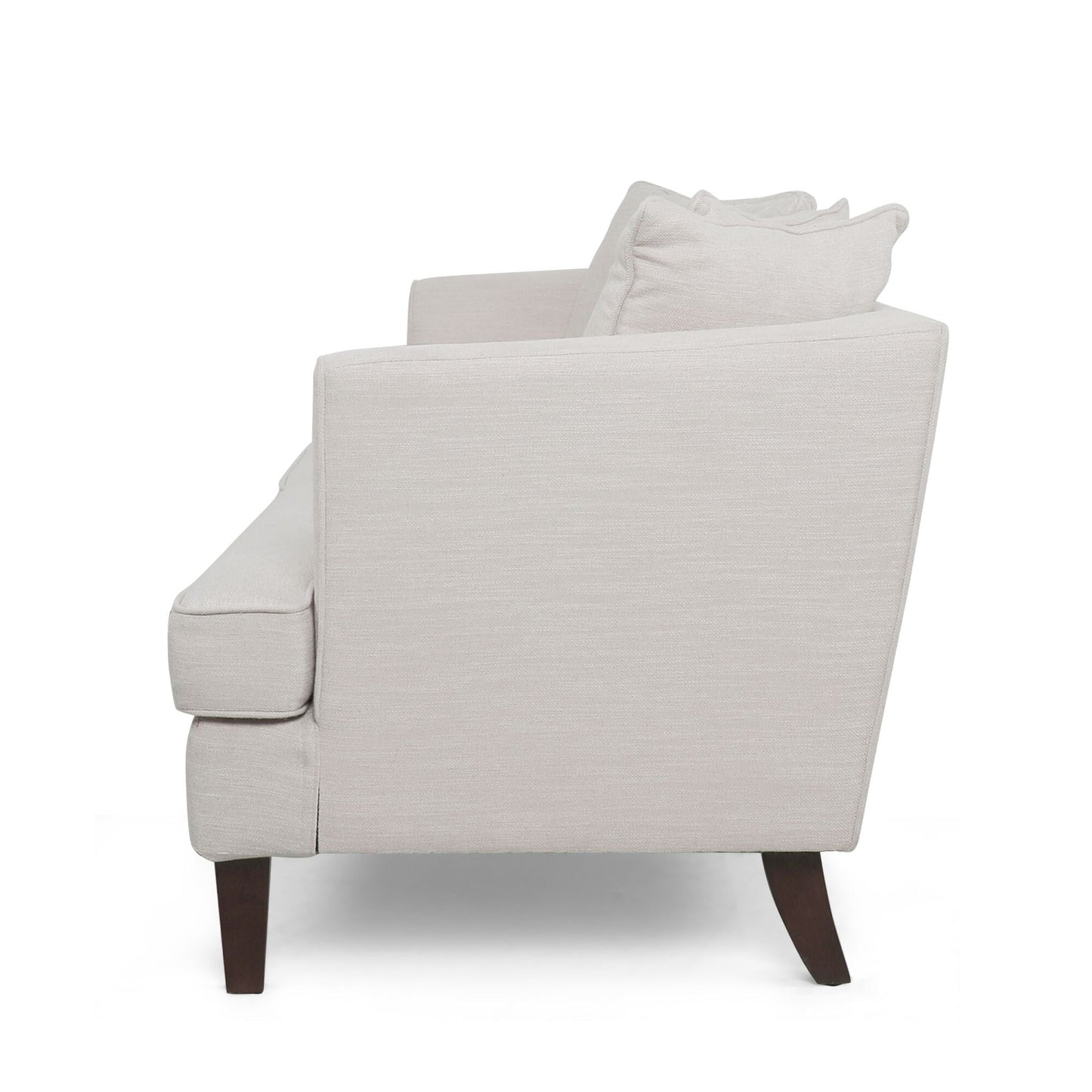 Divano a due posti beige imbottito con cuscini e gambe in legno