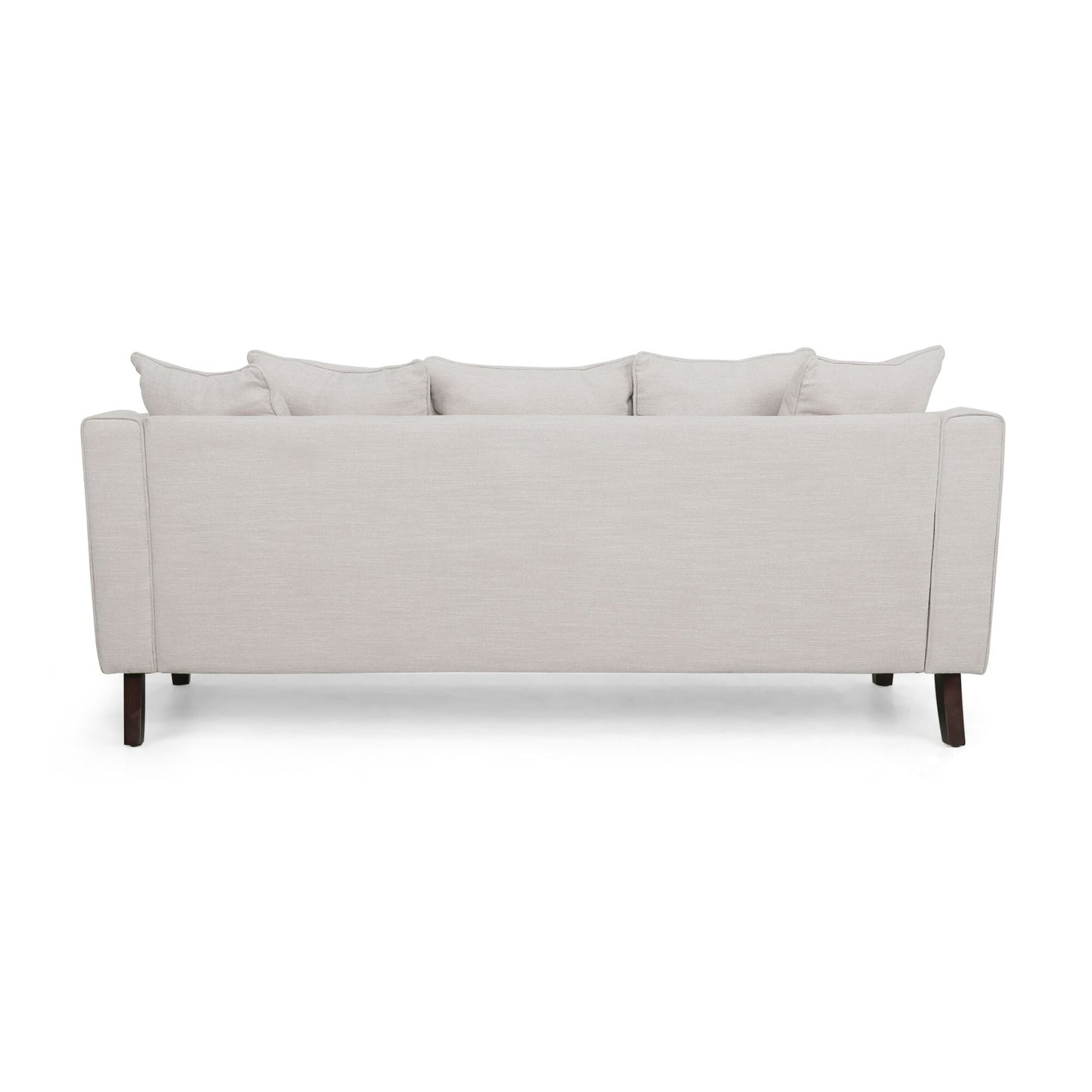 Divano a due posti beige imbottito con cuscini e gambe in legno