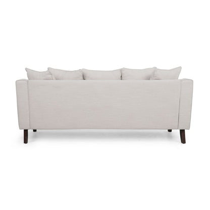 Divano a due posti beige imbottito con cuscini e gambe in legno