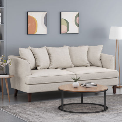 Divano a due posti beige imbottito con cuscini e gambe in legno