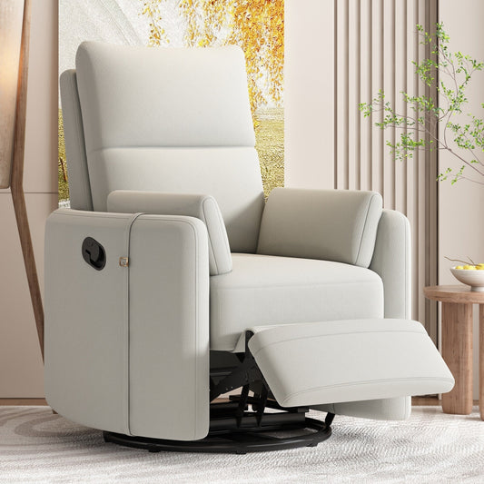 Poltrona reclinabile manuale beige con rotazione a 360° e schienale regolabile, perfetta con due cuscini rimovibili