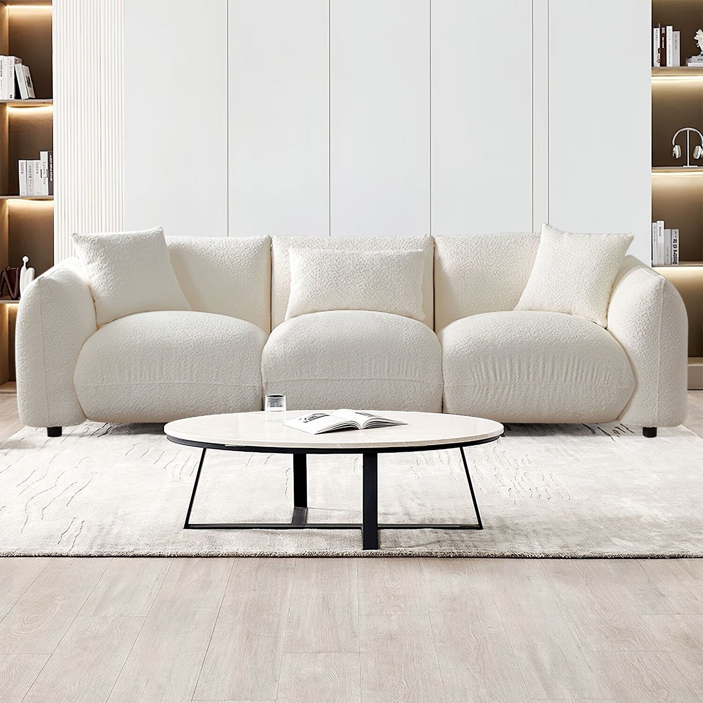 Divano a 3 posti imbottito in bouclé beige Mid Century Modern 102.36 con cuscini per soggiorno