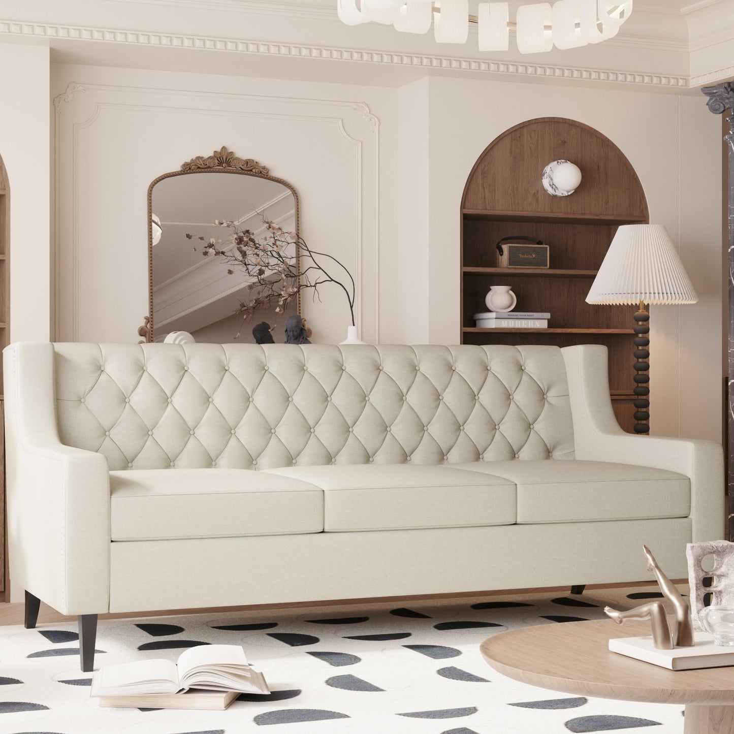 Divano a 3 posti in poliestere beige Mid Century Modern 78,75 con schienale trapuntato a bottoni e comodo cuscino per soggiorno