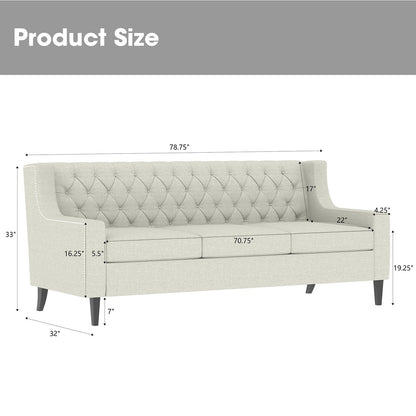 Divano a 3 posti in poliestere beige Mid Century Modern 78,75 con schienale trapuntato a bottoni e comodo cuscino per soggiorno
