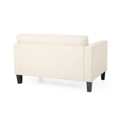 Divano moderno beige 101 a 3 posti con gambe in legno e due cuscini per soggiorno