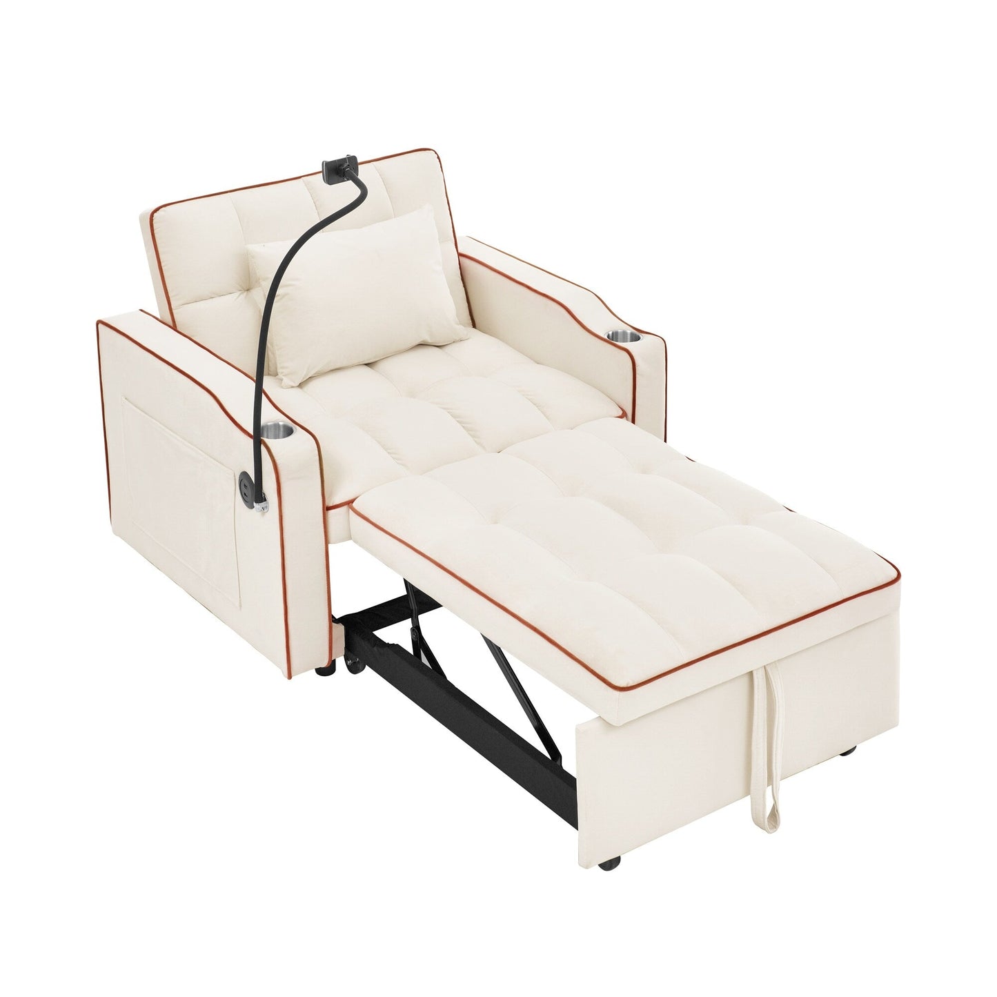 Divano letto singolo convertibile in velluto beige moderno 35,83 3 in 1 con schienale regolabile e porta di ricarica USB per soggiorno