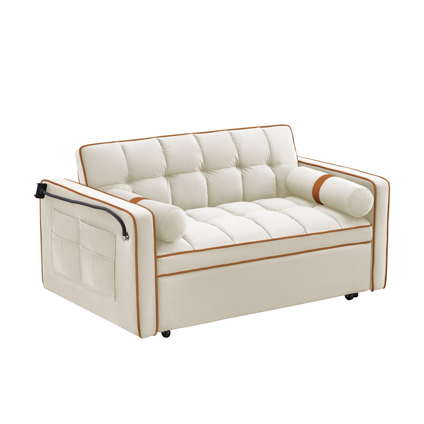 Divano letto trasformabile in velluto beige moderno da 55,5 pollici, con cuscini e tasche laterali per soggiorno