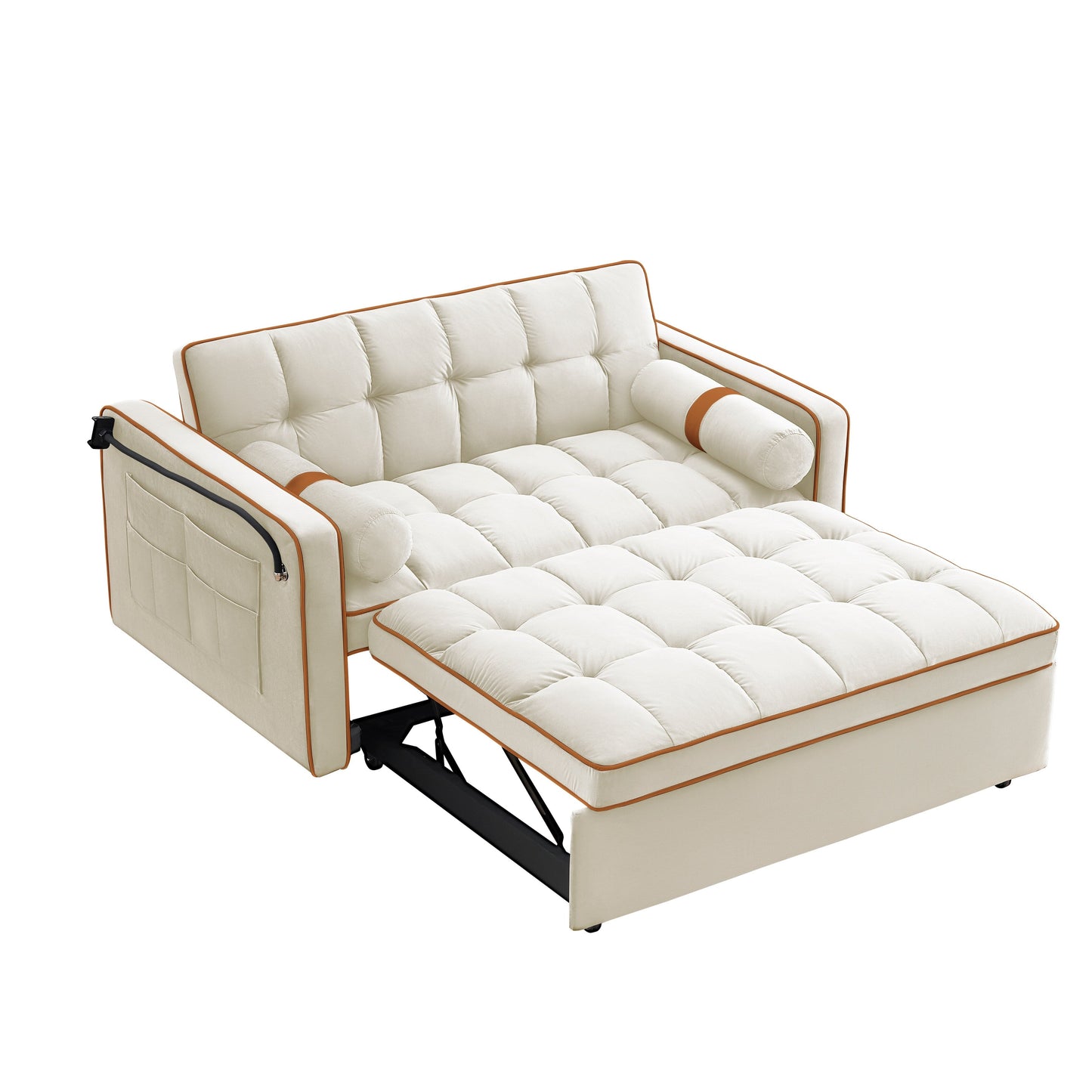 Divano letto trasformabile in velluto beige moderno da 55,5 pollici, con cuscini e tasche laterali per soggiorno