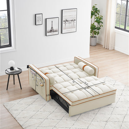 Divano letto trasformabile in velluto beige moderno da 55,5 pollici, con cuscini e tasche laterali per soggiorno