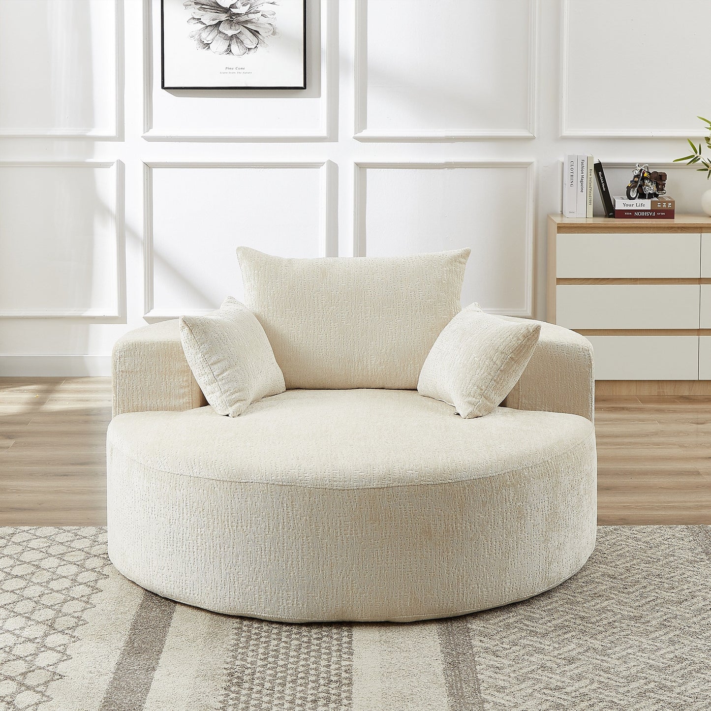 Divano letto singolo moderno beige da 55 pollici in ciniglia e spugna con cuscino per schienale per soggiorno
