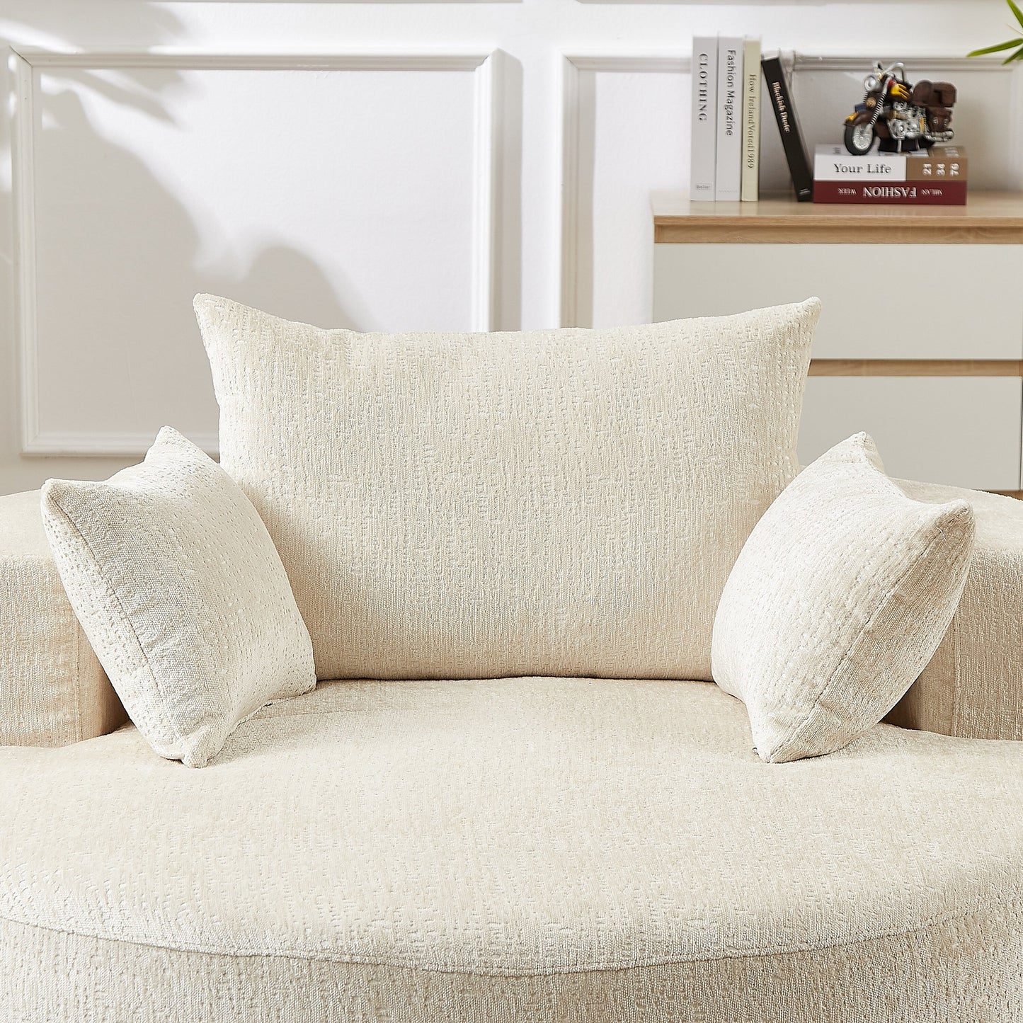 Divano letto singolo moderno beige da 55 pollici in ciniglia e spugna con cuscino per schienale per soggiorno