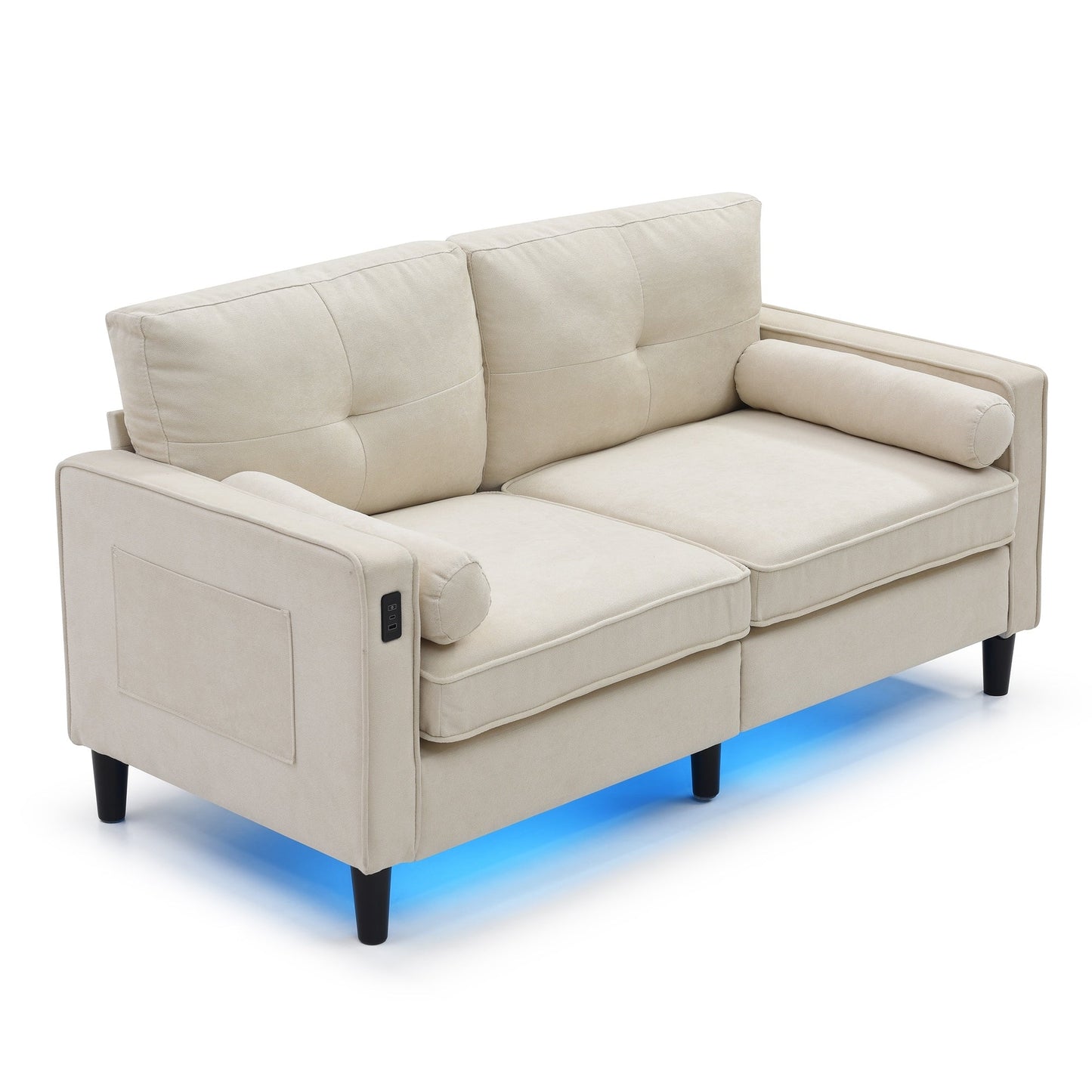 Divano a due posti in lino beige moderno da 57,87 pollici con luci a LED e 2 porte USB per soggiorno