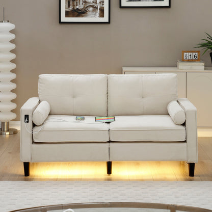Divano a due posti in lino beige moderno da 57,87 pollici con luci a LED e 2 porte USB per soggiorno