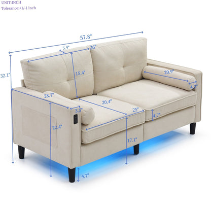 Divano a due posti in lino beige moderno da 57,87 pollici con luci a LED e 2 porte USB per soggiorno