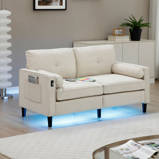 Divano a due posti in lino beige moderno da 57,87 pollici con luci a LED e 2 porte USB per soggiorno