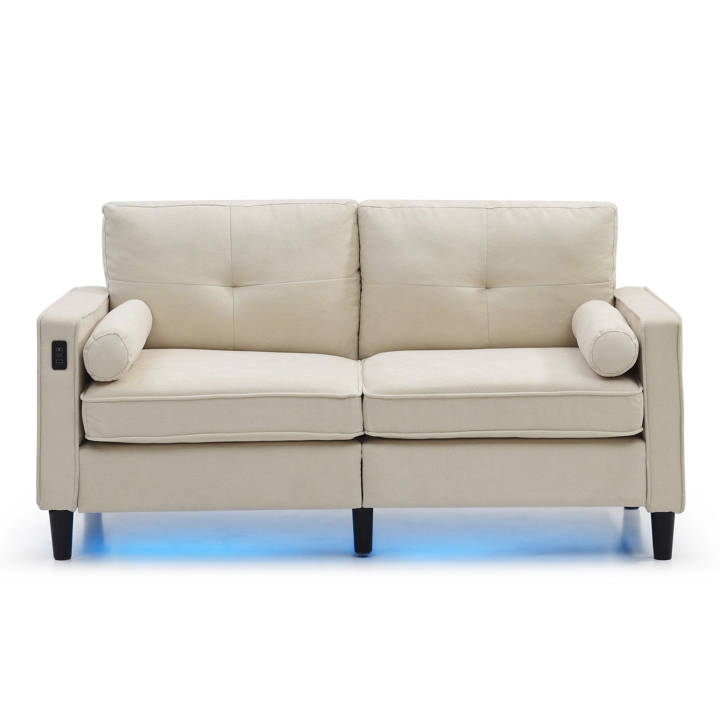 Divano a due posti in lino beige moderno da 57,87 pollici con luci a LED e 2 porte USB per soggiorno