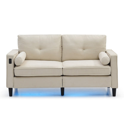 Divano a due posti in lino beige moderno da 57,87 pollici con luci a LED e 2 porte USB per soggiorno
