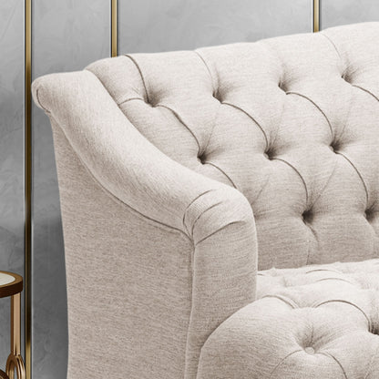 Divano moderno beige 73,25 con bottoni, trapuntato, a 3 posti, con gambe in legno di betulla per soggiorno