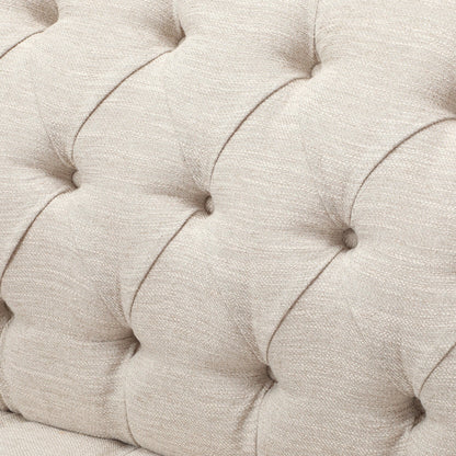 Divano moderno beige 73,25 con bottoni, trapuntato, a 3 posti, con gambe in legno di betulla per soggiorno