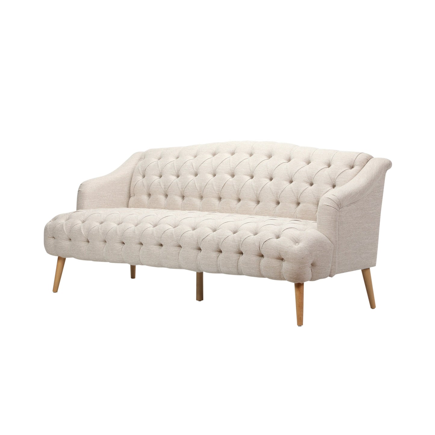 Divano moderno beige 73,25 con bottoni, trapuntato, a 3 posti, con gambe in legno di betulla per soggiorno