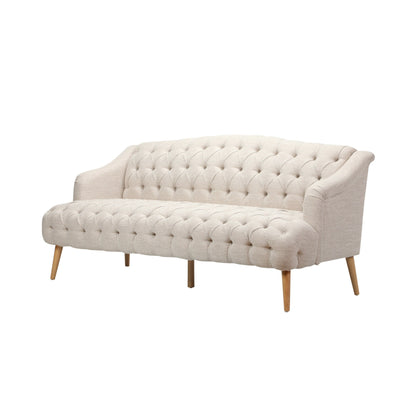 Divano moderno beige 73,25 con bottoni, trapuntato, a 3 posti, con gambe in legno di betulla per soggiorno