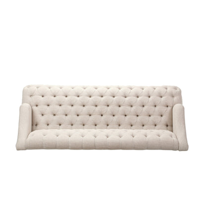 Divano moderno beige 73,25 con bottoni, trapuntato, a 3 posti, con gambe in legno di betulla per soggiorno