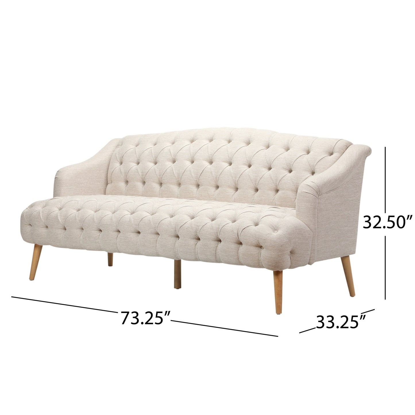 Divano moderno beige 73,25 con bottoni, trapuntato, a 3 posti, con gambe in legno di betulla per soggiorno