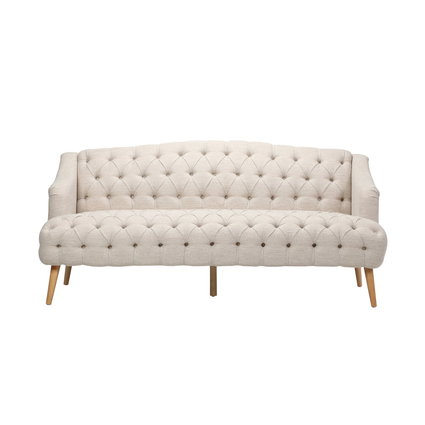 Divano moderno beige 73,25 con bottoni, trapuntato, a 3 posti, con gambe in legno di betulla per soggiorno