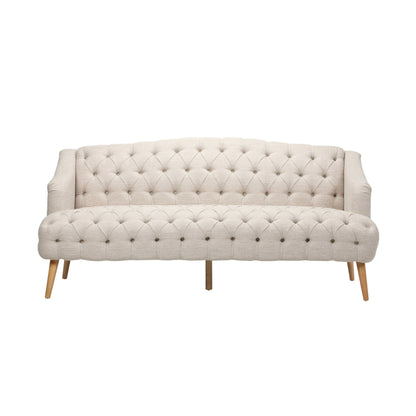 Divano moderno beige 73,25 con bottoni, trapuntato, a 3 posti, con gambe in legno di betulla per soggiorno