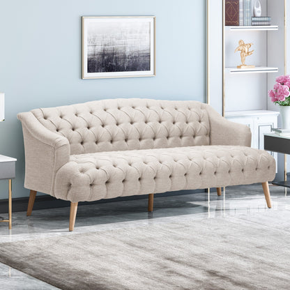 Divano moderno beige 73,25 con bottoni, trapuntato, a 3 posti, con gambe in legno di betulla per soggiorno