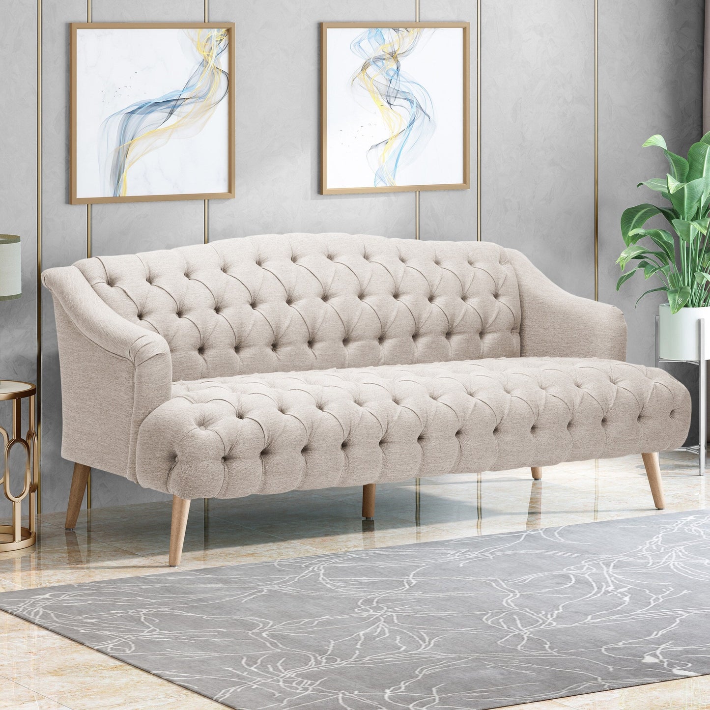 Divano moderno beige 73,25 con bottoni, trapuntato, a 3 posti, con gambe in legno di betulla per soggiorno