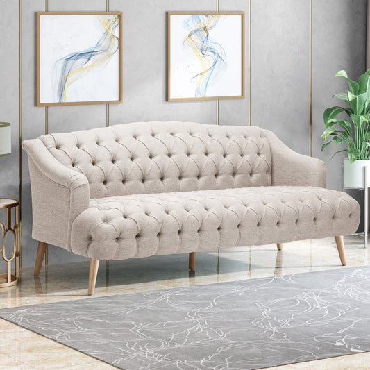 Divano moderno beige 73,25 con bottoni, trapuntato, a 3 posti, con gambe in legno di betulla per soggiorno