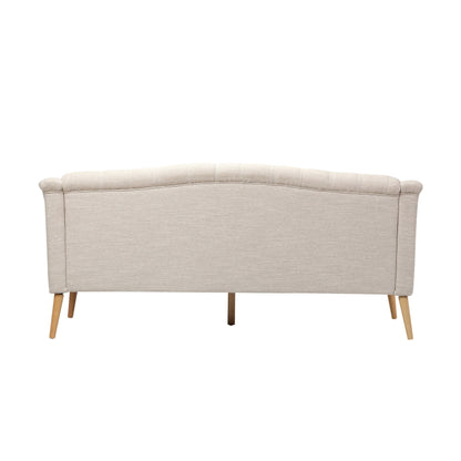 Divano moderno beige 73,25 con bottoni, trapuntato, a 3 posti, con gambe in legno di betulla per soggiorno