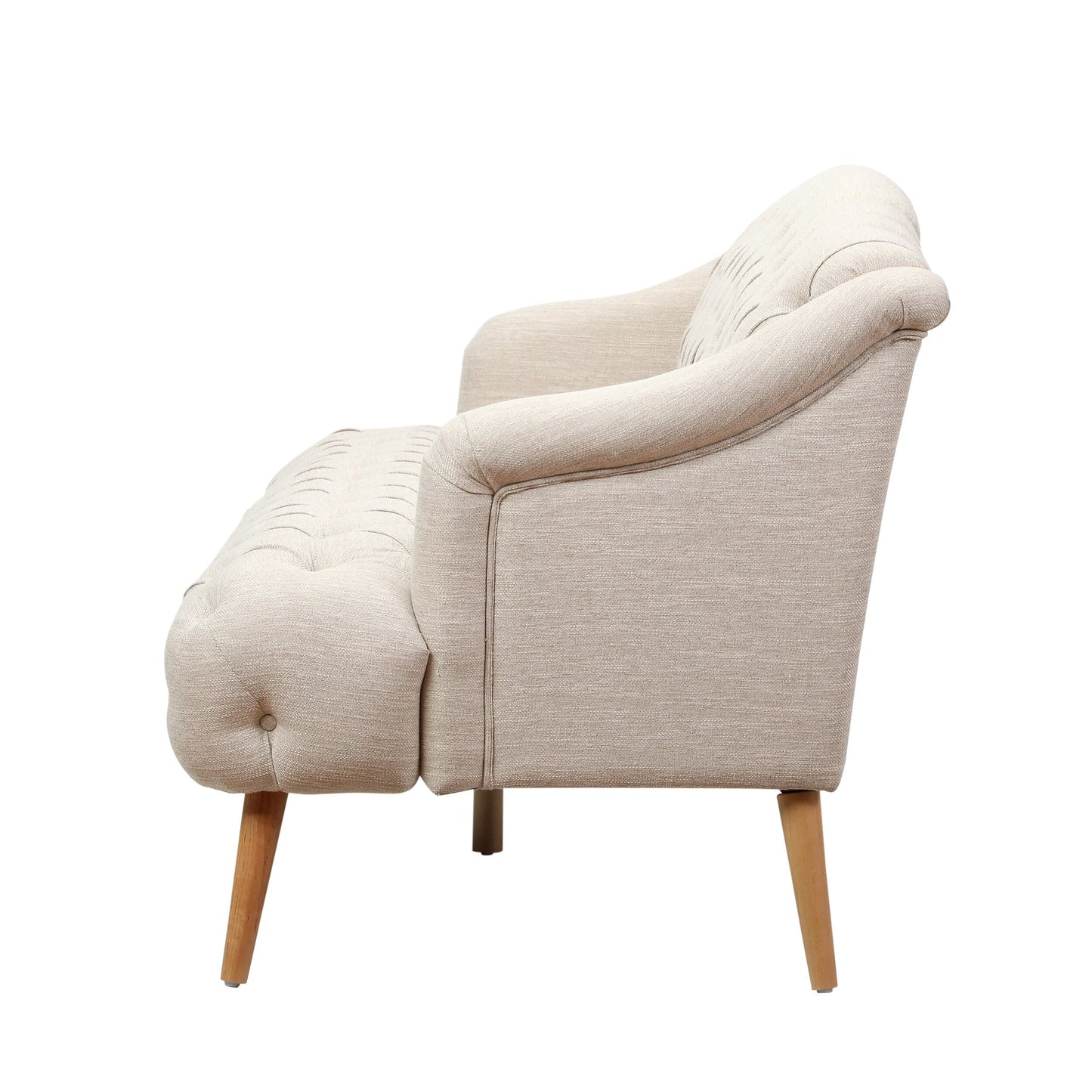 Divano moderno beige 73,25 con bottoni, trapuntato, a 3 posti, con gambe in legno di betulla per soggiorno