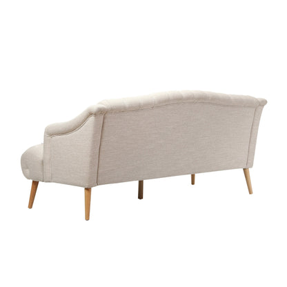 Divano moderno beige 73,25 con bottoni, trapuntato, a 3 posti, con gambe in legno di betulla per soggiorno
