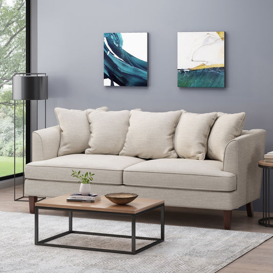 Divano moderno beige da 73,5 posti imbottito con cuscini e gambe in legno per soggiorno