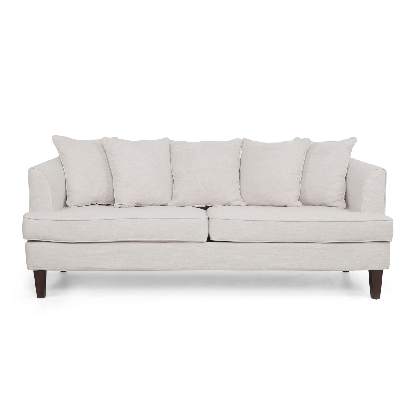 Divano moderno beige da 73,5 posti imbottito con cuscini e gambe in legno per soggiorno