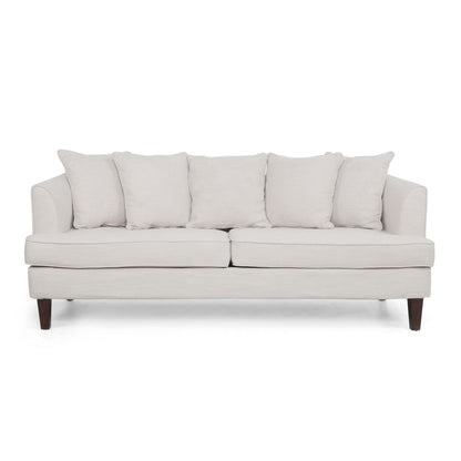 Divano moderno beige da 73,5 posti imbottito con cuscini e gambe in legno per soggiorno