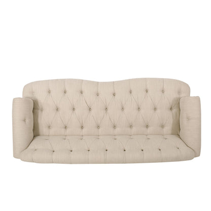 Divano moderno beige 74 a 3 posti con borchie e gambe in legno per soggiorno