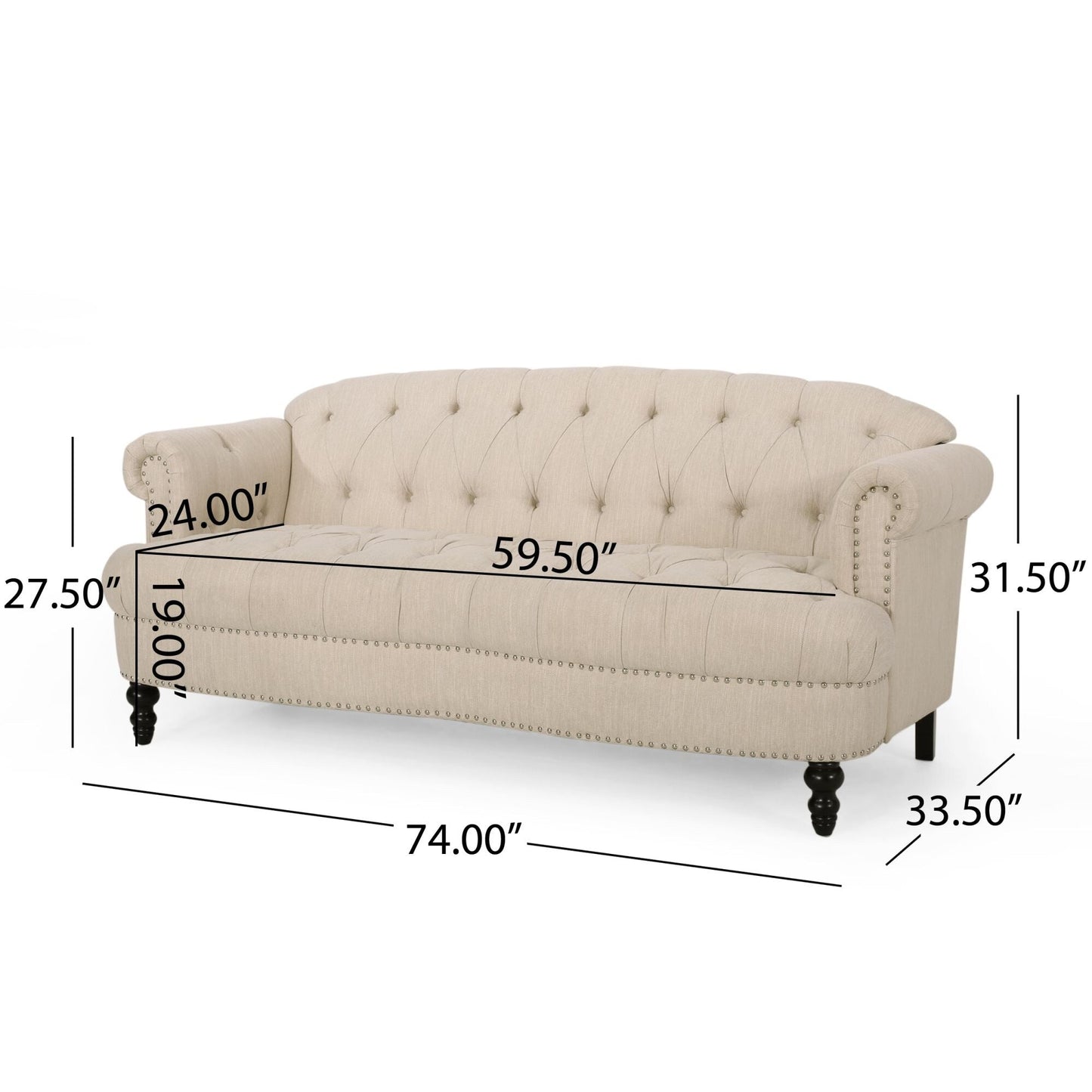 Divano moderno beige 74 a 3 posti con borchie e gambe in legno per soggiorno