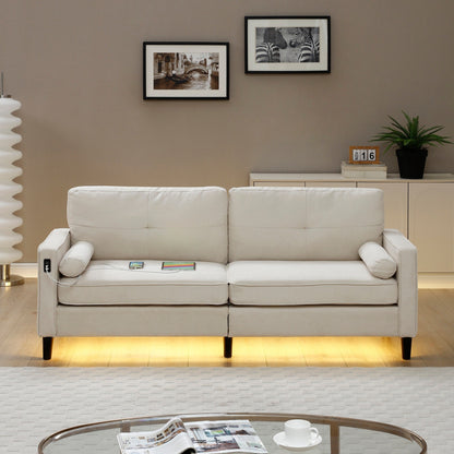 Divano moderno beige 75.2 in lino a 3 posti con luci a LED e 2 porte USB per soggiorno