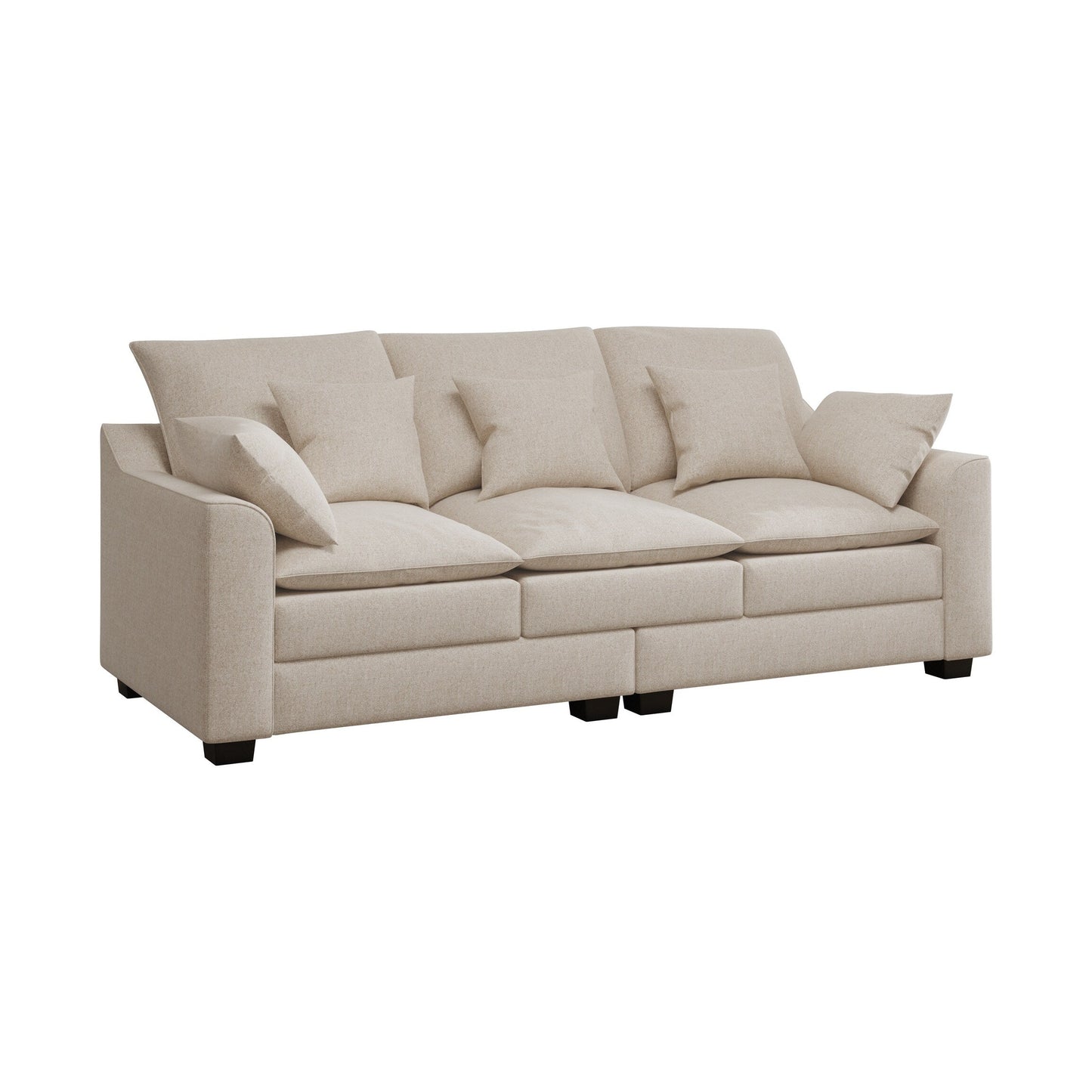 Divano moderno beige 78,7 in poliestere a 3 posti con cuscini e gambe in legno massello per soggiorno