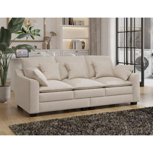 Divano moderno beige 78,7 in poliestere a 3 posti con cuscini e gambe in legno massello per soggiorno